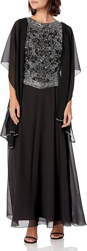 J Kara Women's Petite Embellished Top Mock 2 Piece Dress with Scarf
