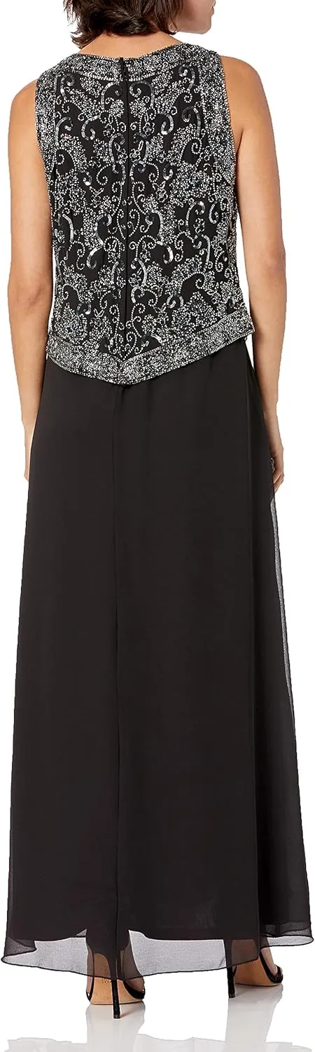 J Kara Women's Petite Embellished Top Mock 2 Piece Dress with Scarf