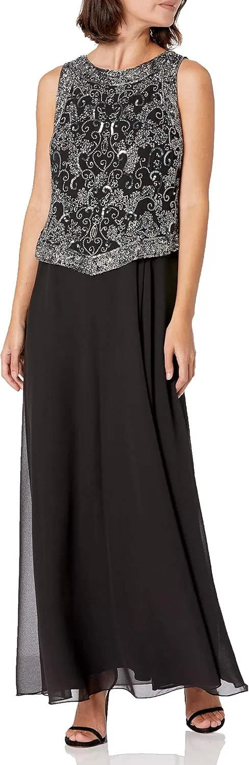 J Kara Women's Petite Embellished Top Mock 2 Piece Dress with Scarf