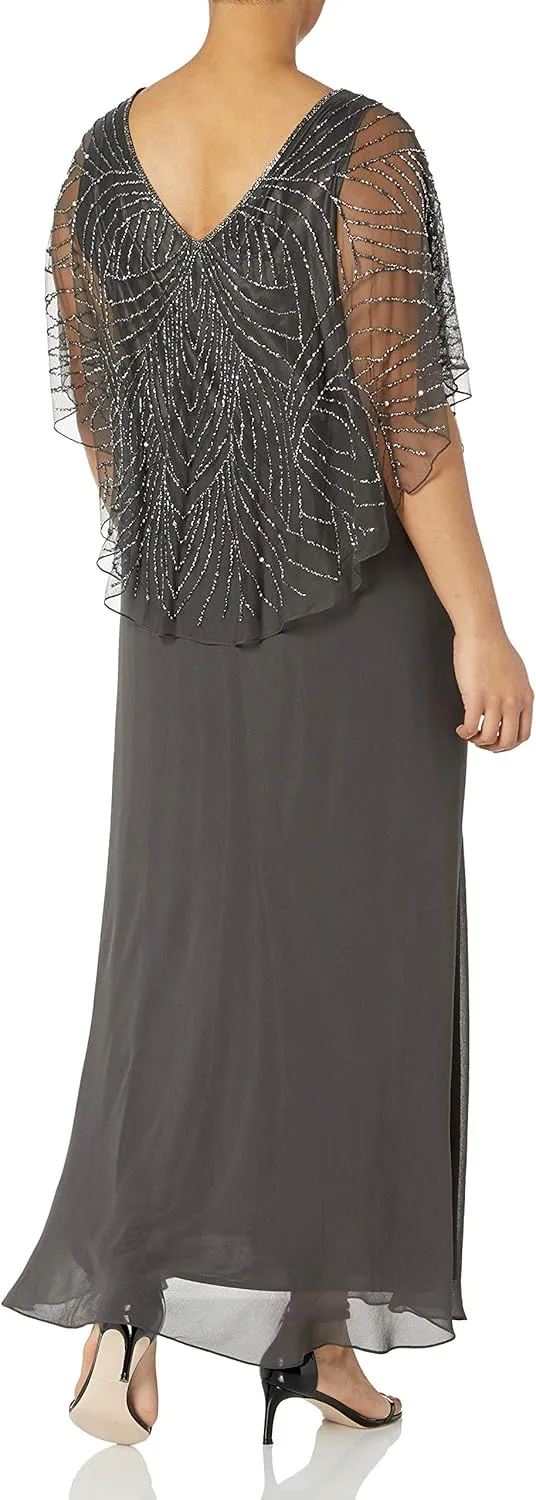 J Kara Women's Plus Size Pop Over Long Beaded Dress