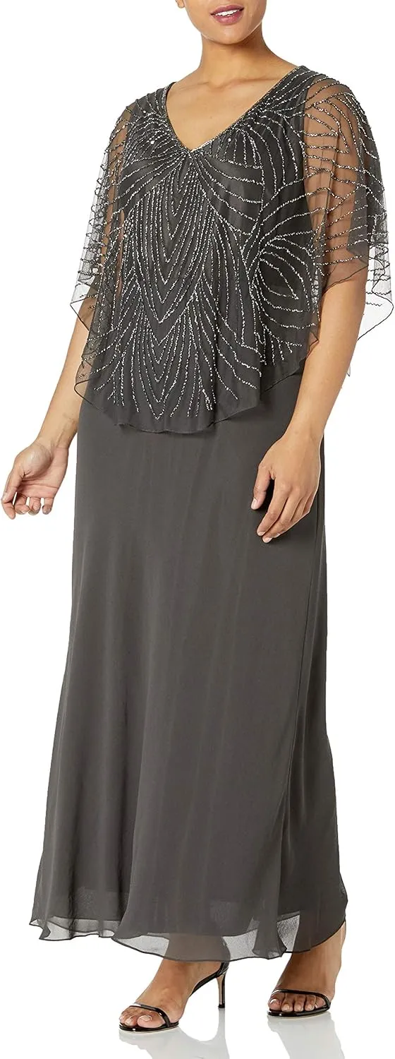 J Kara Women's Plus Size Pop Over Long Beaded Dress