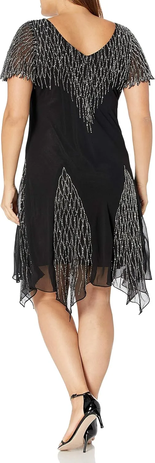 J Kara Women's Plus Size Short Hanky Hem Beaded Dress