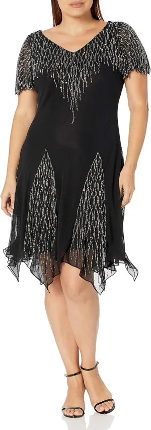 J Kara Women's Plus Size Short Hanky Hem Beaded Dress