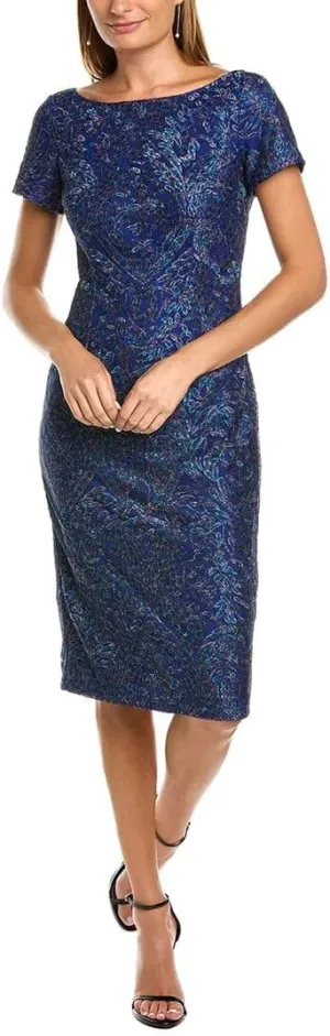JS Collections Boat Neck Short Sleeve Embroidered Zipper Back Soutache Cocktail Embroidered Mesh Dress Blue Multi / 4