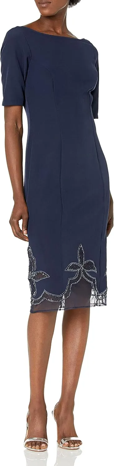 JS Collections Women's Stretch Crepe Boat Neck Elbow Sleeve Cocktail with Novelty Laser Cut Beaded Hem