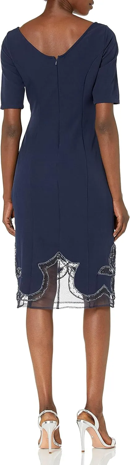 JS Collections Women's Stretch Crepe Boat Neck Elbow Sleeve Cocktail with Novelty Laser Cut Beaded Hem