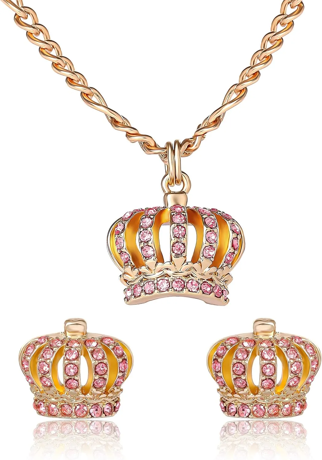 Juicy Couture Necklace and Crown Stud Earrings for Women with Pink Crystals, Gold Tone Jewelry Set