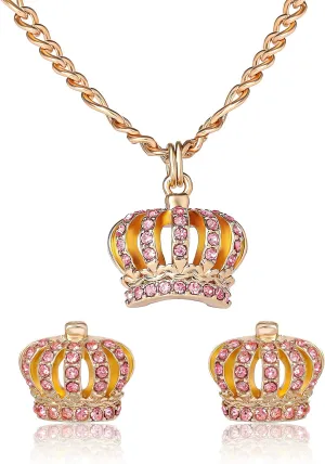 Juicy Couture Necklace and Crown Stud Earrings for Women with Pink Crystals, Gold Tone Jewelry Set