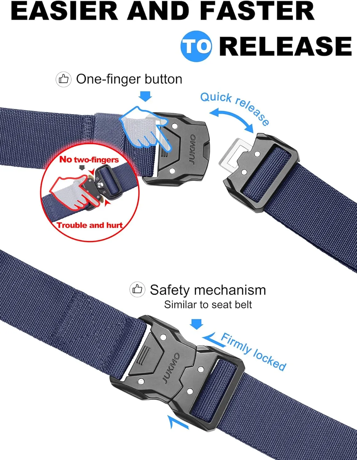 JUKMO Quick Release Tactical Belt, Military Work 1.5" Nylon Web Hiking Belt with Heavy Duty Seatbelt Buckle