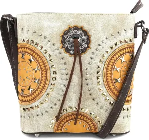 Justin West Native American Circle Mountain Gold Studs Embroidered Studded CCW Concealed Carry Shoulder Purse Handbag