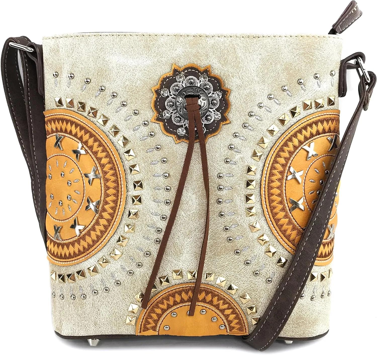 Justin West Native American Circle Mountain Gold Studs Embroidered Studded CCW Concealed Carry Shoulder Purse Handbag