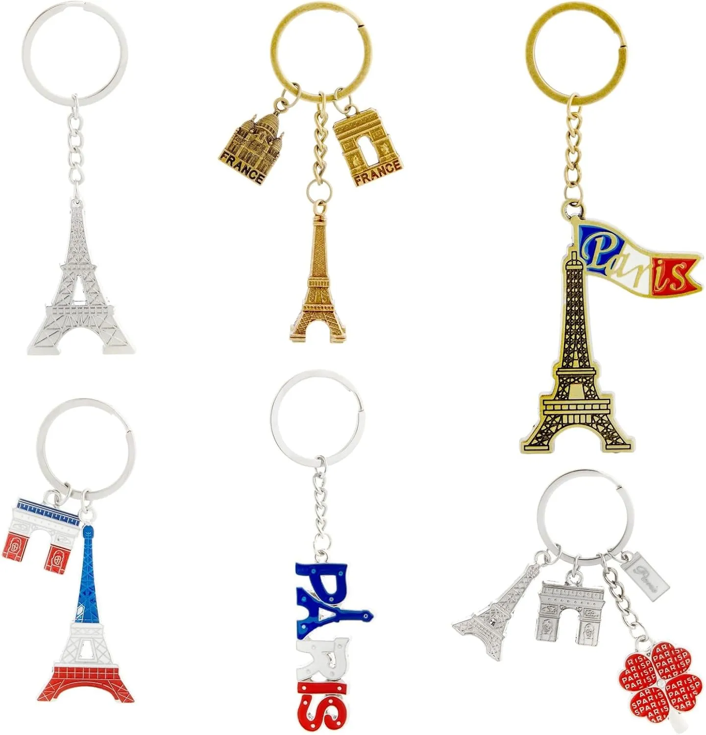 Juvale 6 Pack Paris Keychain, France Souvenir Gift, Eiffel Tower, French Flag, and Arc de Triomphe Metal Key Rings, Ideal Paris Souvenirs from France, Silver/Bronze