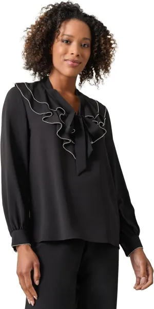 Kasper Women's Ls Beaded Ruffle Blouse W Tie Front