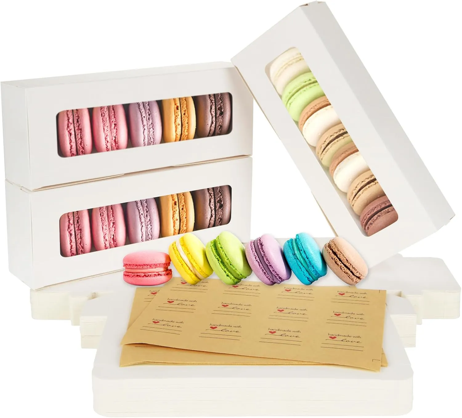 LANIAKEA 50PCS Macaron Boxes for 5 to 7 Macarons, White Macaroons Gift Box with Window, Macaron Packaging with 72 Pcs Stickers for Baking and Wrapping