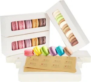 LANIAKEA 50PCS Macaron Boxes for 5 to 7 Macarons, White Macaroons Gift Box with Window, Macaron Packaging with 72 Pcs Stickers for Baking and Wrapping