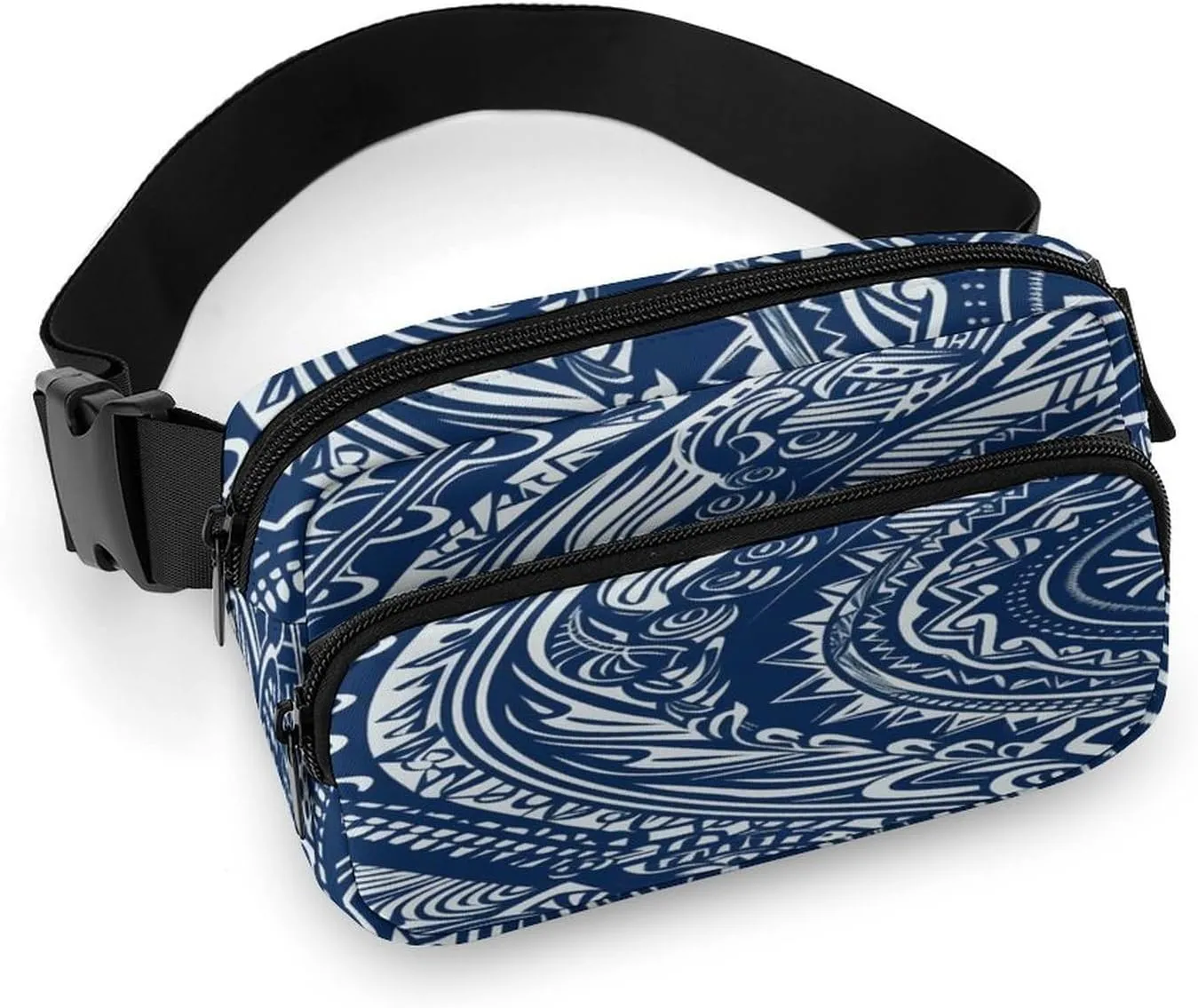 Large Waist Packs with Adjustable Strap,Blue Polynesian Maori Tribal Pattern CrossBody Fanny Pack Casual Bag for Travel Sports Running Hiking