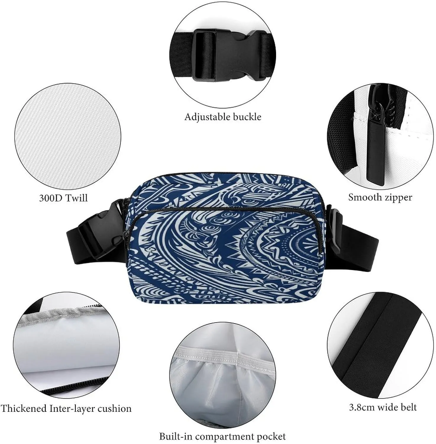 Large Waist Packs with Adjustable Strap,Blue Polynesian Maori Tribal Pattern CrossBody Fanny Pack Casual Bag for Travel Sports Running Hiking