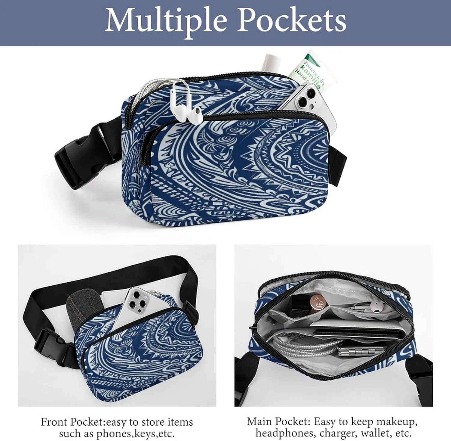 Large Waist Packs with Adjustable Strap,Blue Polynesian Maori Tribal Pattern CrossBody Fanny Pack Casual Bag for Travel Sports Running Hiking