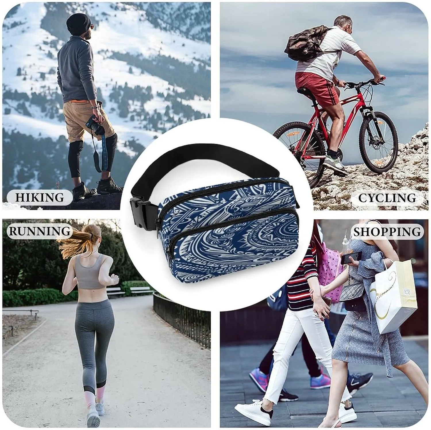 Large Waist Packs with Adjustable Strap,Blue Polynesian Maori Tribal Pattern CrossBody Fanny Pack Casual Bag for Travel Sports Running Hiking
