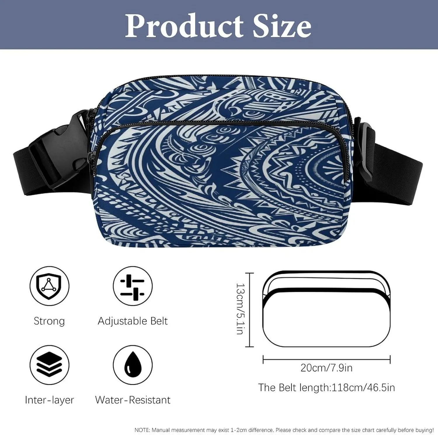 Large Waist Packs with Adjustable Strap,Blue Polynesian Maori Tribal Pattern CrossBody Fanny Pack Casual Bag for Travel Sports Running Hiking