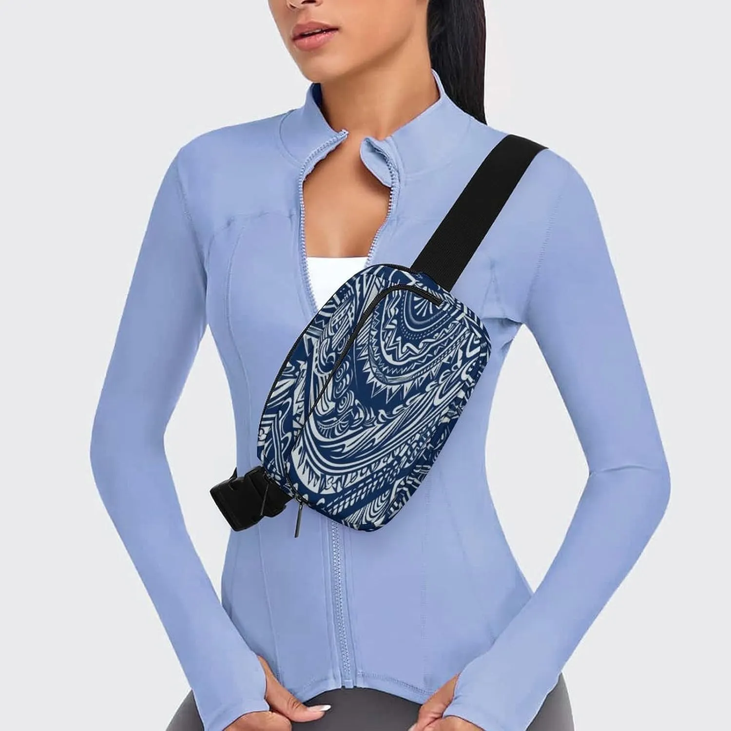 Large Waist Packs with Adjustable Strap,Blue Polynesian Maori Tribal Pattern CrossBody Fanny Pack Casual Bag for Travel Sports Running Hiking
