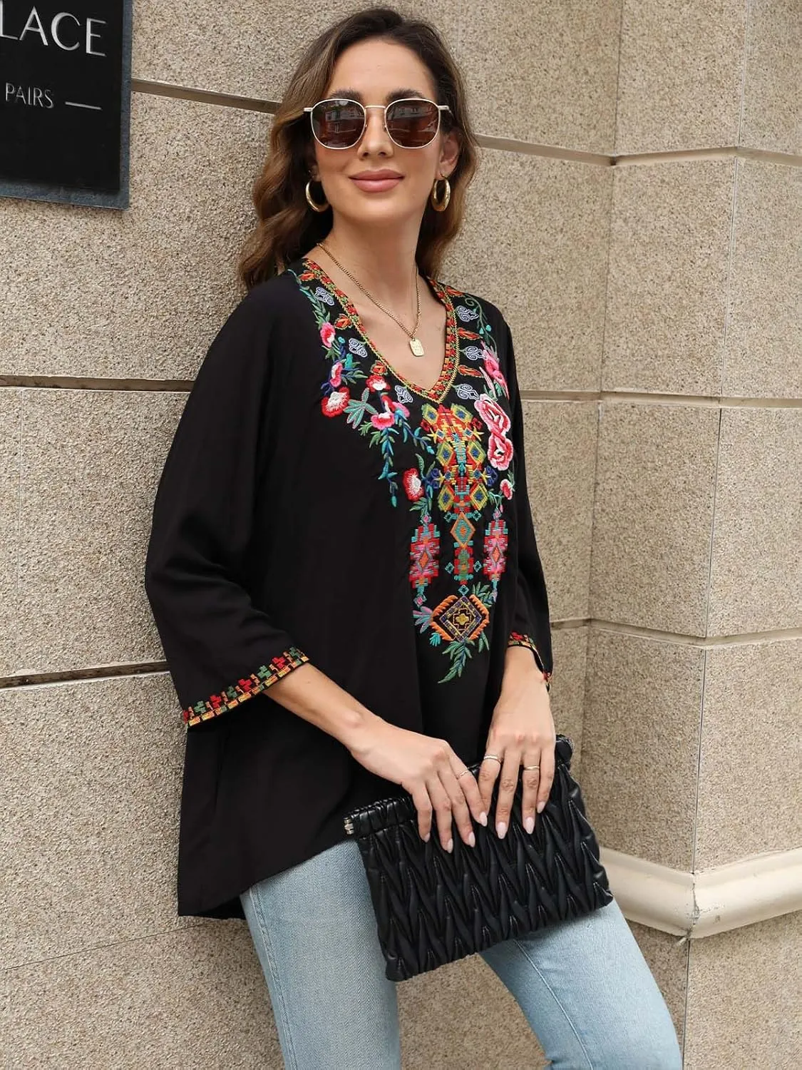 LauraKlein Women's Boho Embroidered Peasant Tops 3/4 Sleeve V Neck Mexican Bohemian Shirts Tunics Blouses