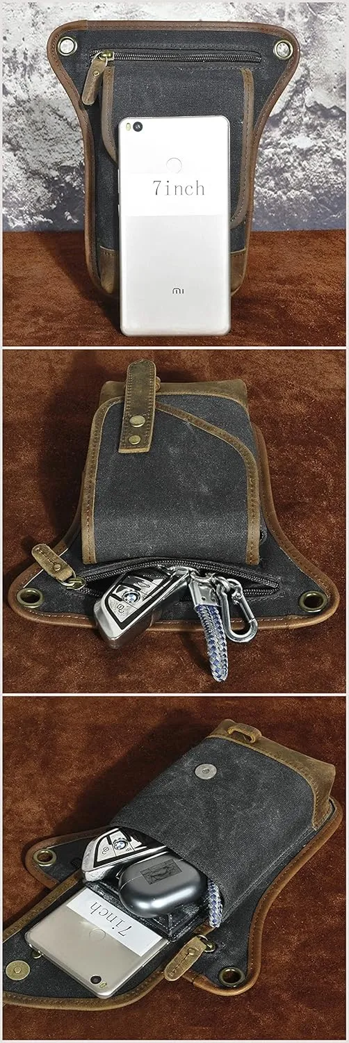 Le'aokuu Men‘s Canvas And Genuine Leather Waterproof Motorcycle Tactic Fanny Belt Waist Pack Drop Leg Thigh Cross Over Bag 211-6(Black)