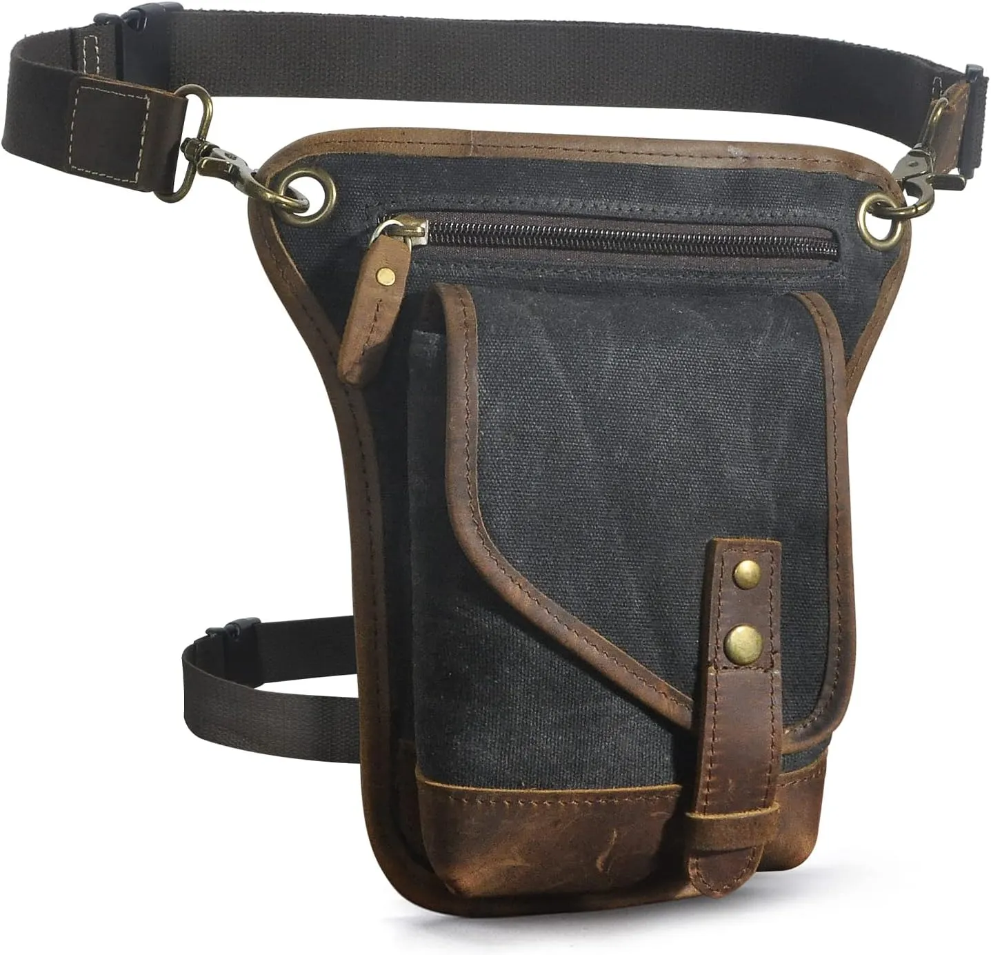 Le'aokuu Men‘s Canvas And Genuine Leather Waterproof Motorcycle Tactic Fanny Belt Waist Pack Drop Leg Thigh Cross Over Bag 211-6(Black)