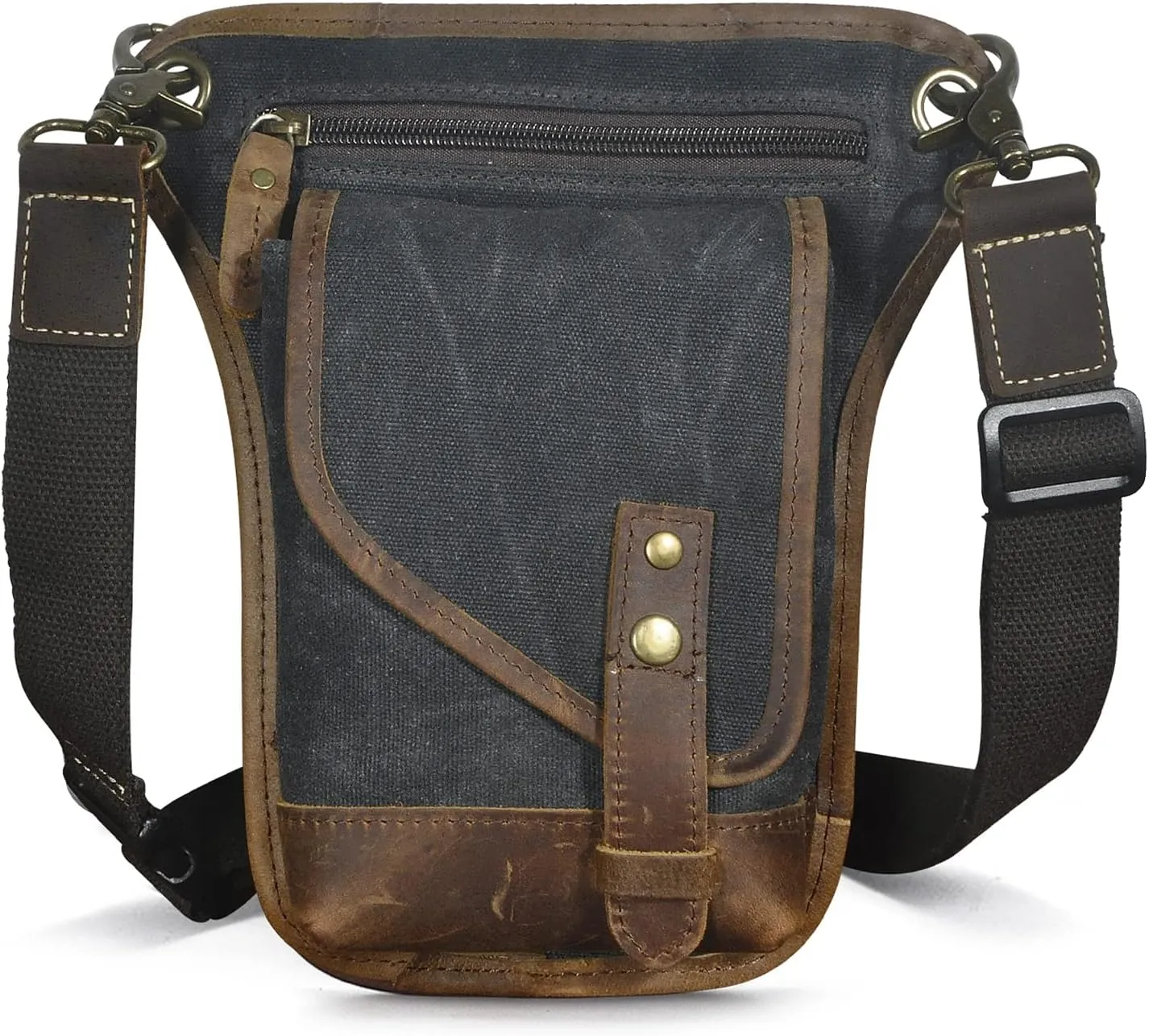Le'aokuu Men‘s Canvas And Genuine Leather Waterproof Motorcycle Tactic Fanny Belt Waist Pack Drop Leg Thigh Cross Over Bag 211-6(Black)