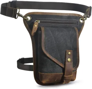 Le'aokuu Men‘s Canvas And Genuine Leather Waterproof Motorcycle Tactic Fanny Belt Waist Pack Drop Leg Thigh Cross Over Bag 211-6(Black)