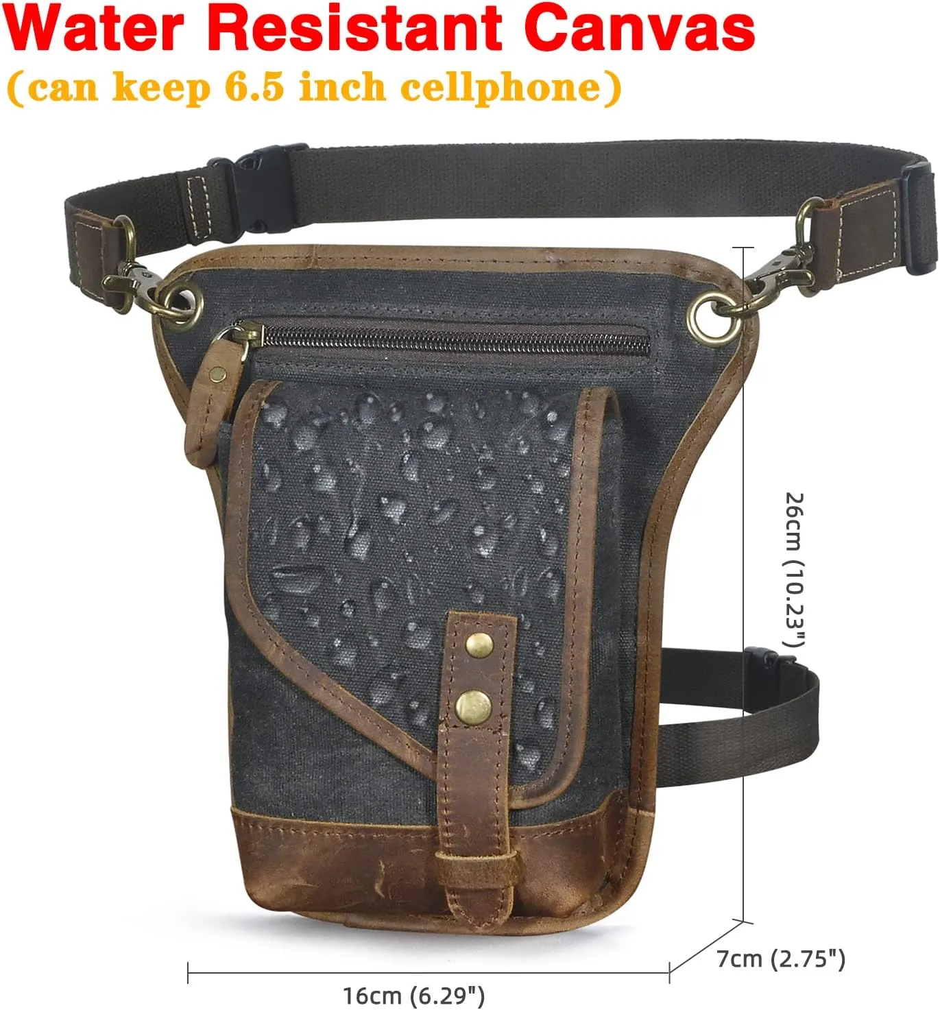 Le'aokuu Men‘s Canvas And Genuine Leather Waterproof Motorcycle Tactic Fanny Belt Waist Pack Drop Leg Thigh Cross Over Bag 211-6(Black)