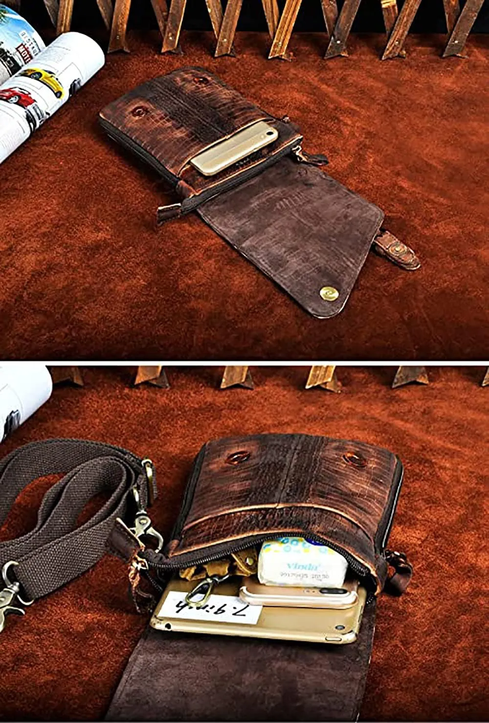 Le'aokuu Mens Genuine Leather Small Messenger Shoulder Satchel Phone Pouch Belt Fanny Waist Bag Pack