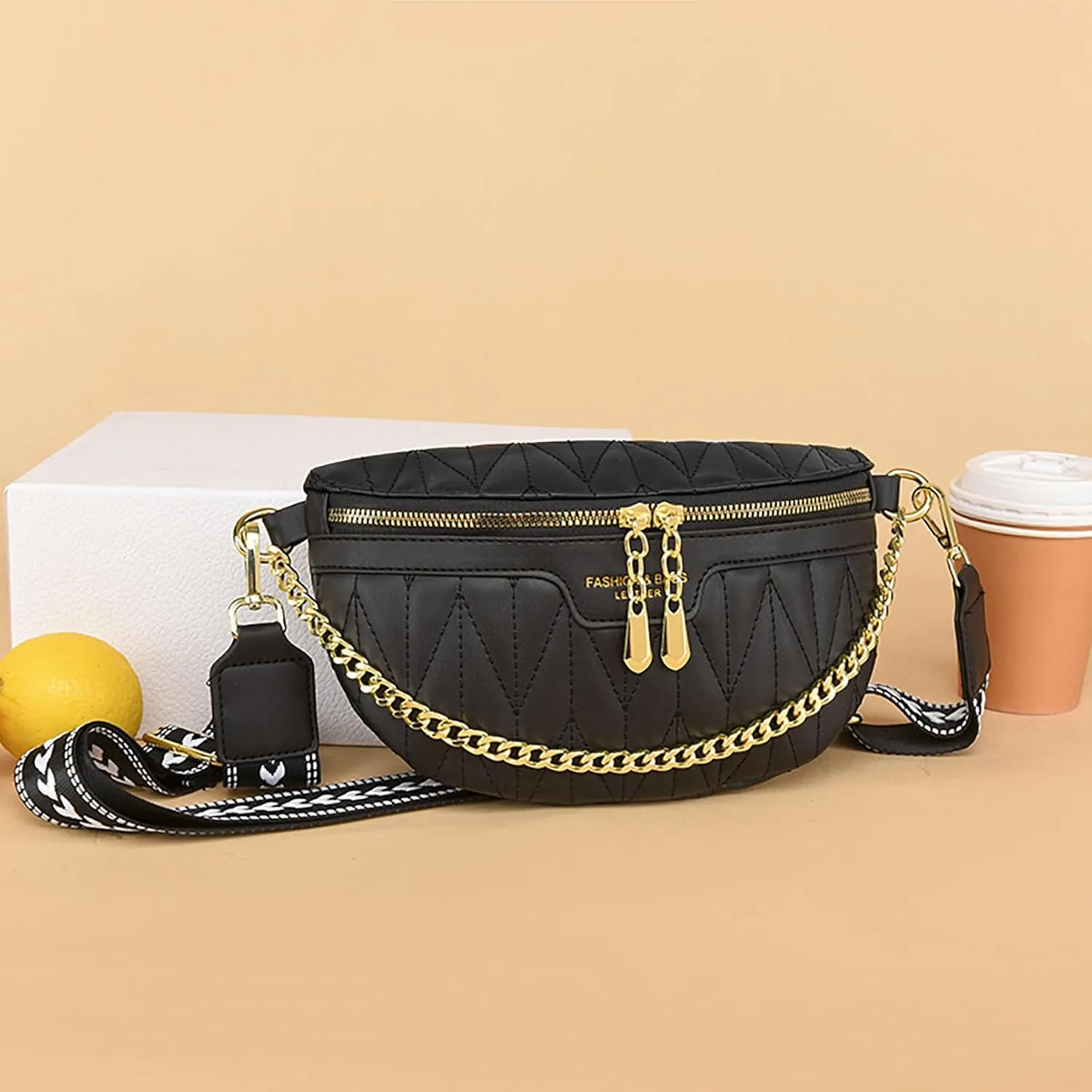 Leather Chest Bag for Women, Chain Belt Bag Fanny Pack Purse Fashionable Crossbody Waist Bags Handbag for Everyday Use Trip Walking Hiking
