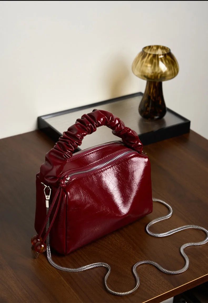 Leather Top Handle Zip Chained Crossbody Body Bag