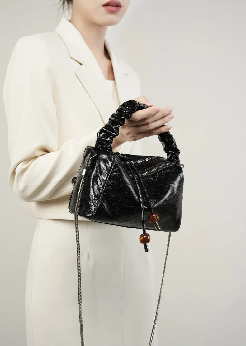 Leather Top Handle Zip Chained Crossbody Body Bag