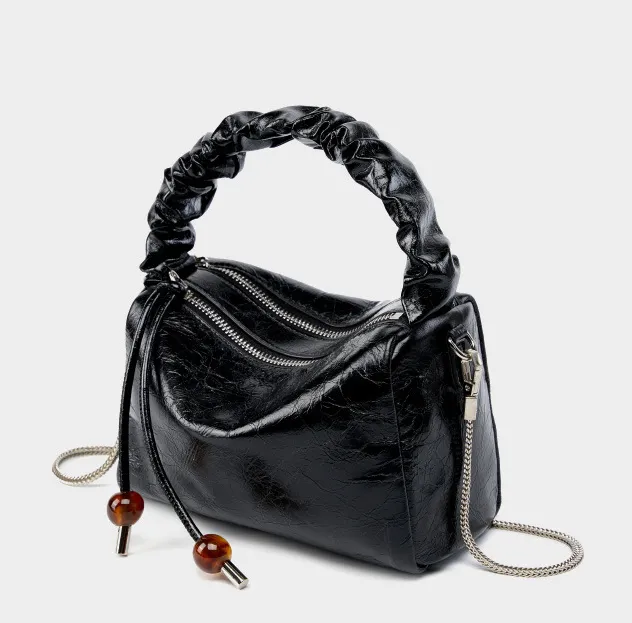 Leather Top Handle Zip Chained Crossbody Body Bag