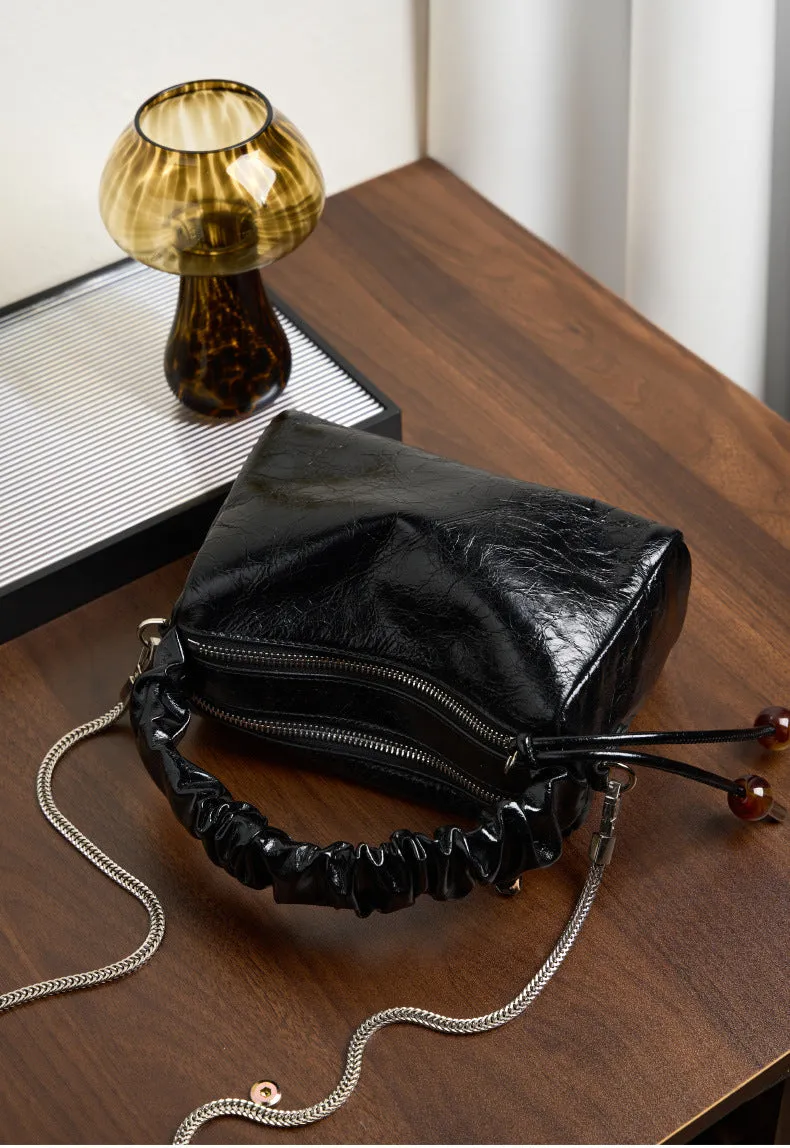 Leather Top Handle Zip Chained Crossbody Body Bag