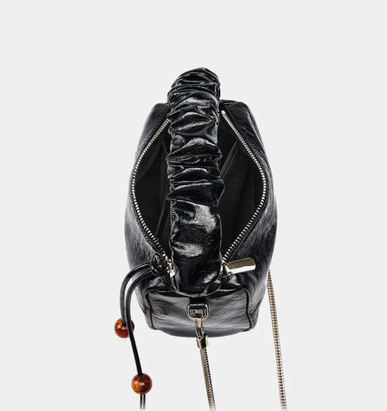 Leather Top Handle Zip Chained Crossbody Body Bag
