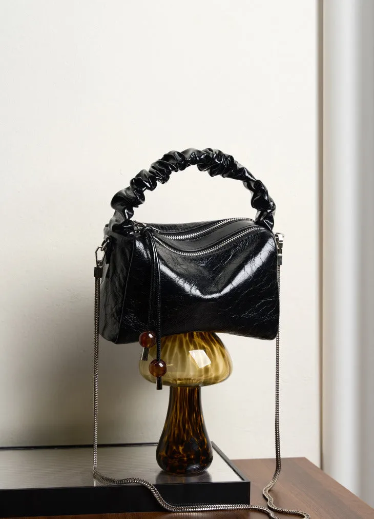 Leather Top Handle Zip Chained Crossbody Body Bag
