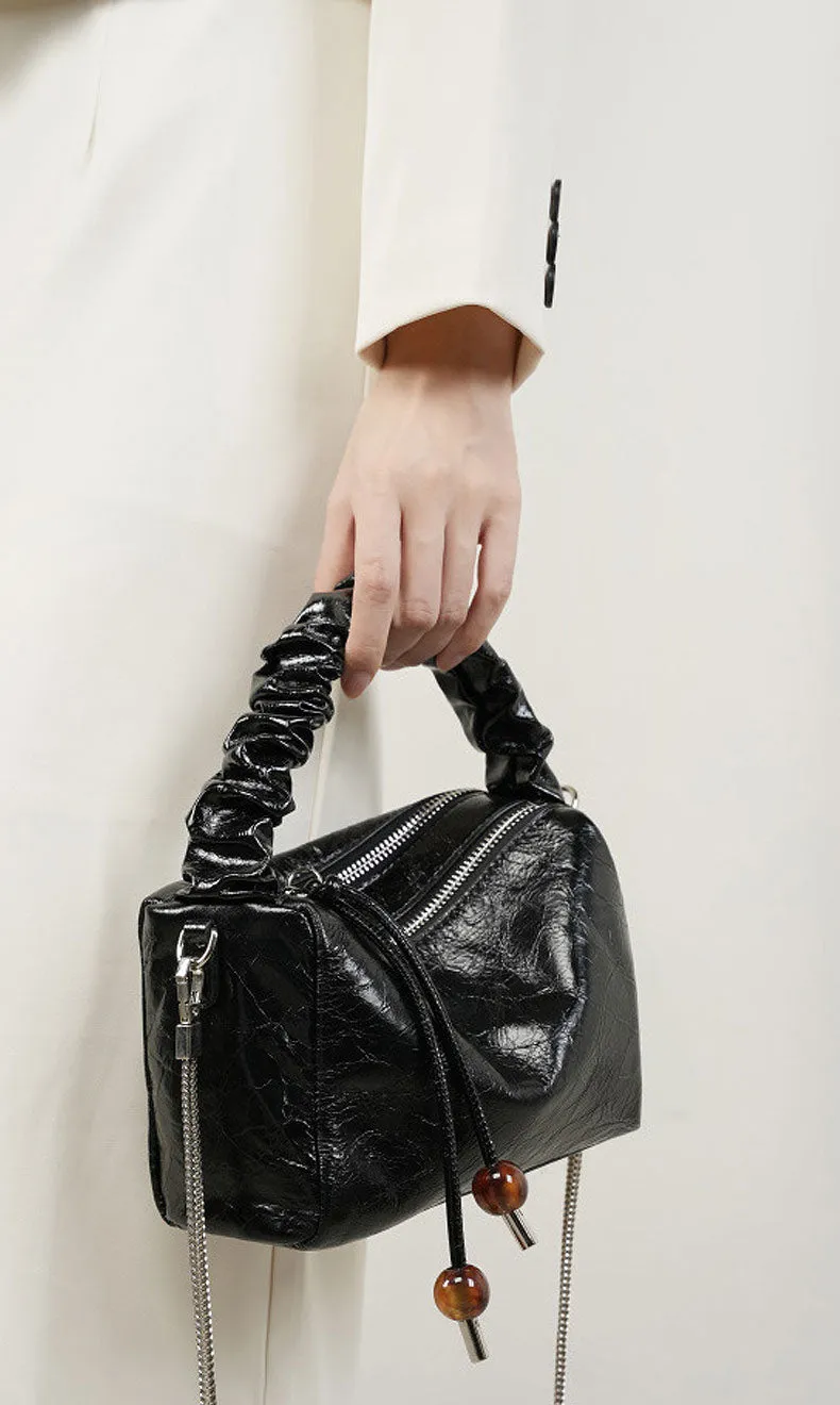 Leather Top Handle Zip Chained Crossbody Body Bag