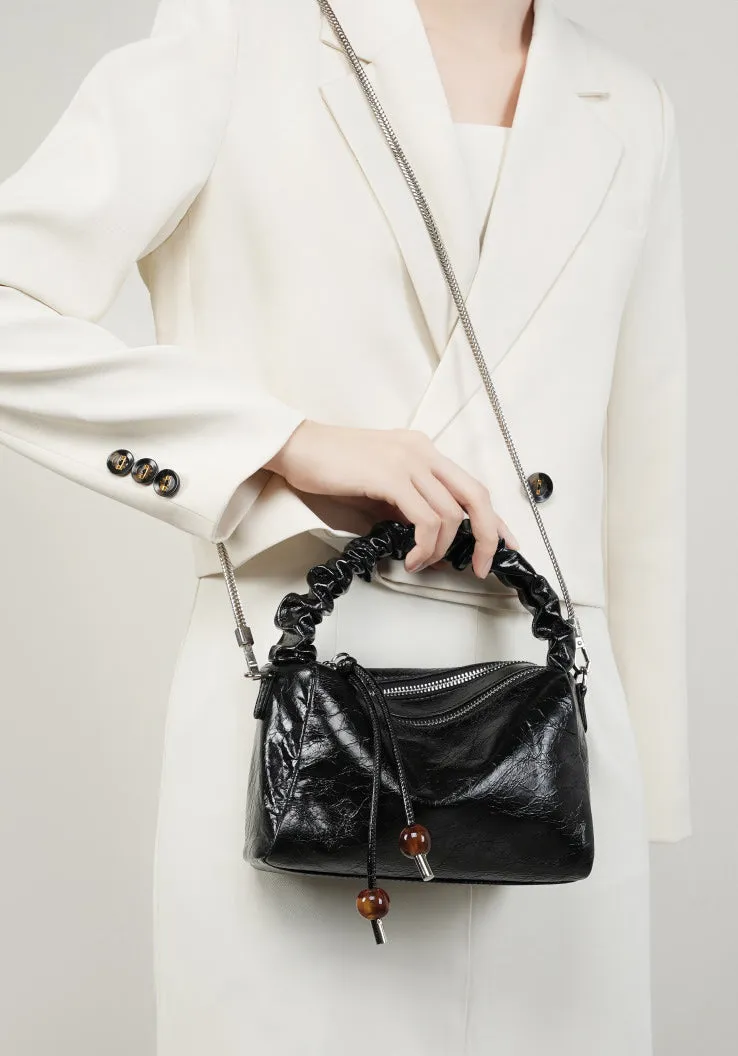 Leather Top Handle Zip Chained Crossbody Body Bag