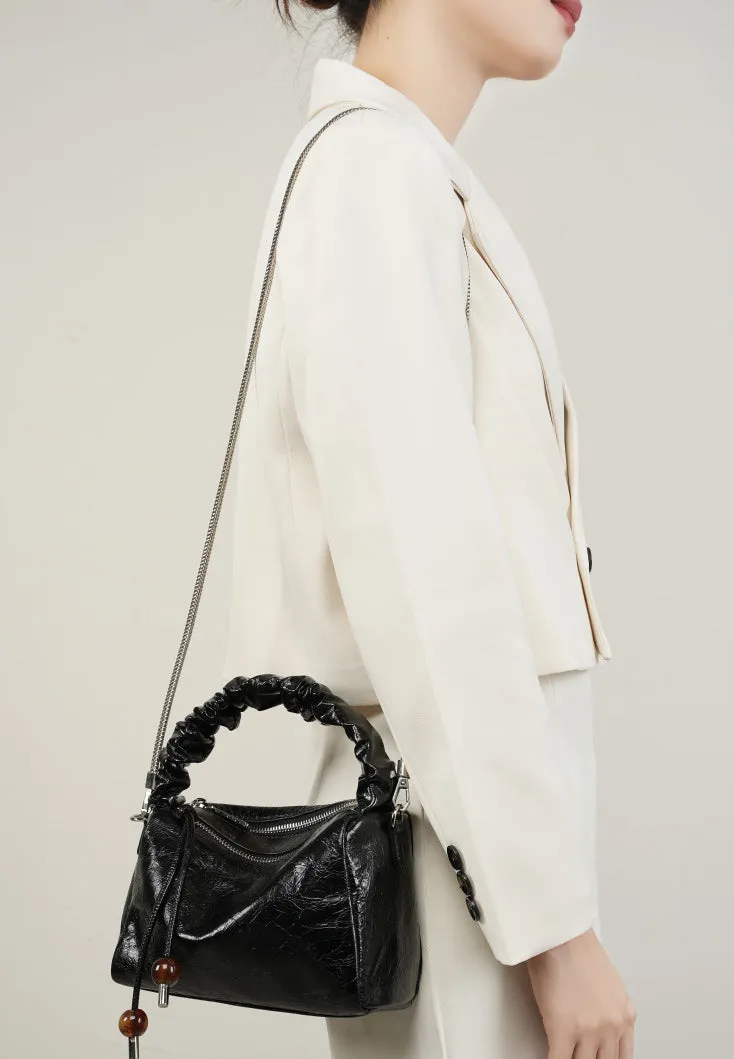 Leather Top Handle Zip Chained Crossbody Body Bag