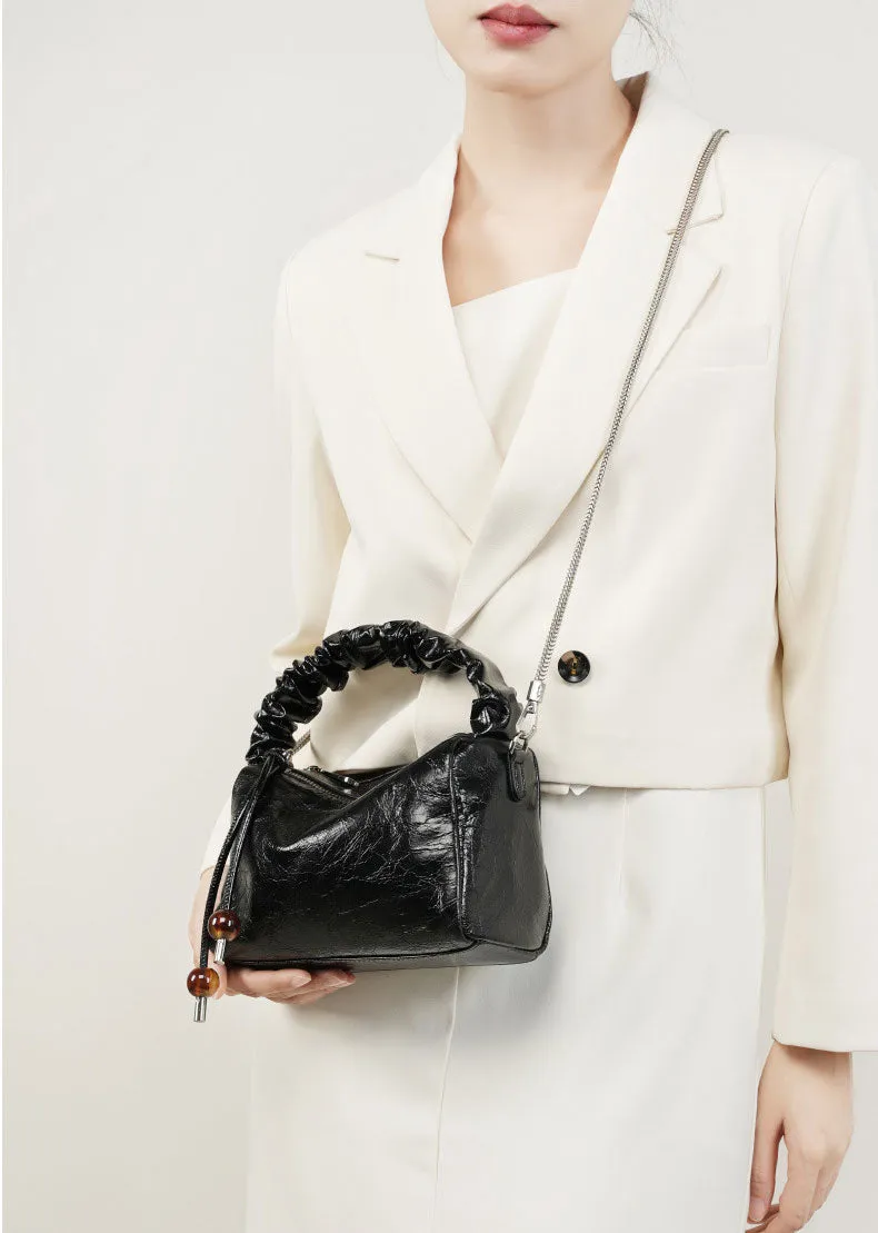 Leather Top Handle Zip Chained Crossbody Body Bag