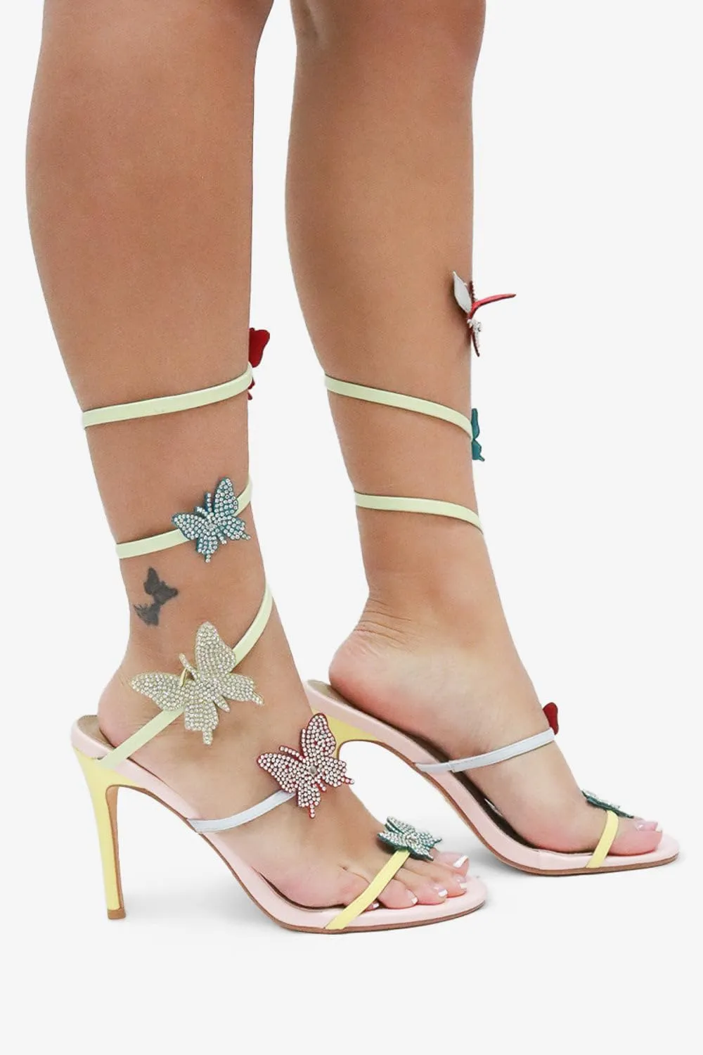 Lemonade Women's Sweet Utopia Rhinestone Butterfly Detail Spiral Coil Wrap Around Stiletto Heels