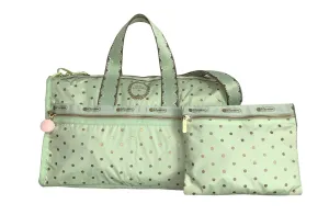 LeSportsac Les Secrets Laduree Pois Pistache Large Weekender Crossbody Bag   Cosmetic Bag, Style 7185/Color G612, Macaron Zipper Pull (Metallic Iridescent Gold Speckles)