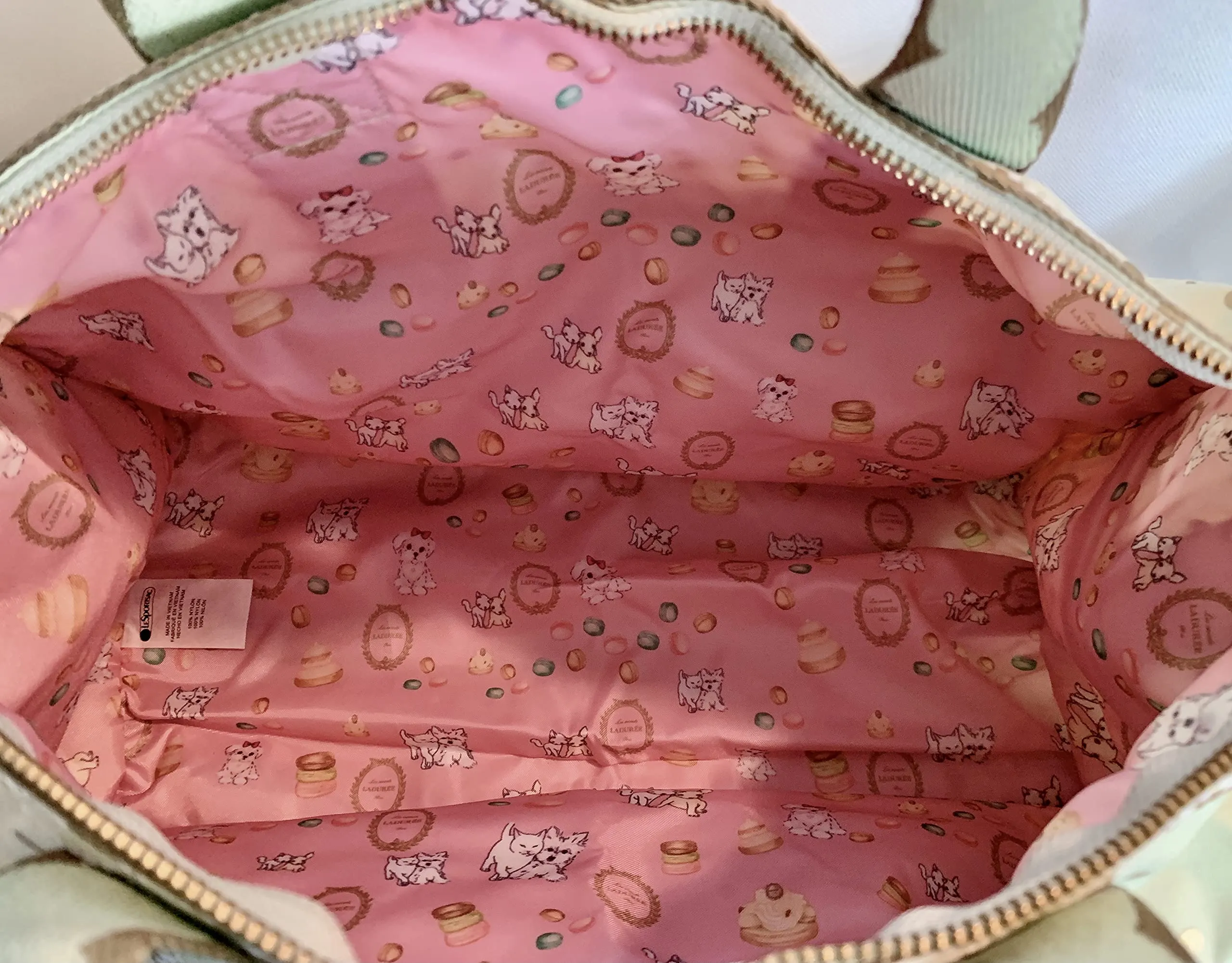 LeSportsac Les Secrets Laduree Pois Pistache Large Weekender Crossbody Bag   Cosmetic Bag, Style 7185/Color G612, Macaron Zipper Pull (Metallic Iridescent Gold Speckles)