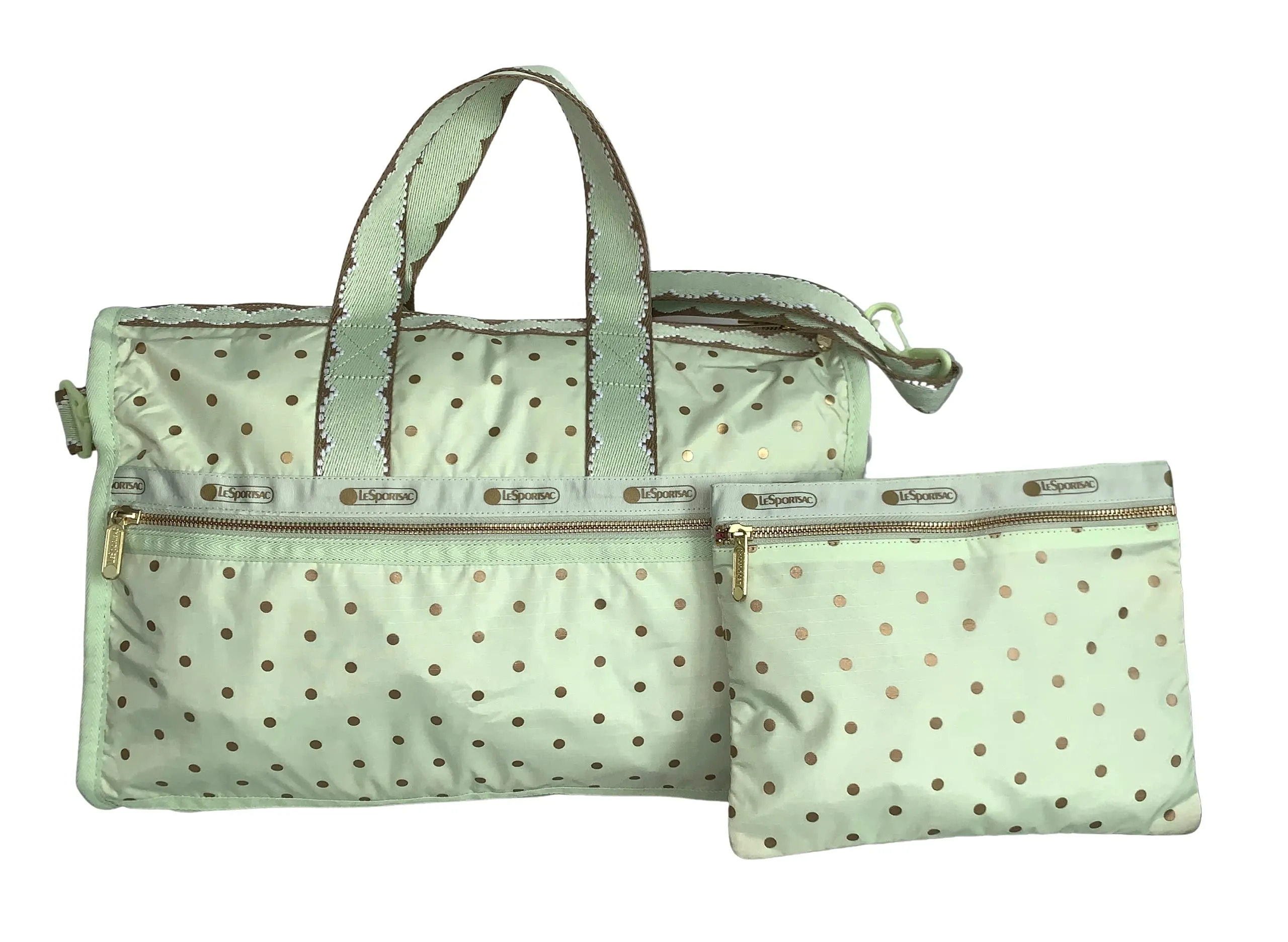 LeSportsac Les Secrets Laduree Pois Pistache Large Weekender Crossbody Bag   Cosmetic Bag, Style 7185/Color G612, Macaron Zipper Pull (Metallic Iridescent Gold Speckles)