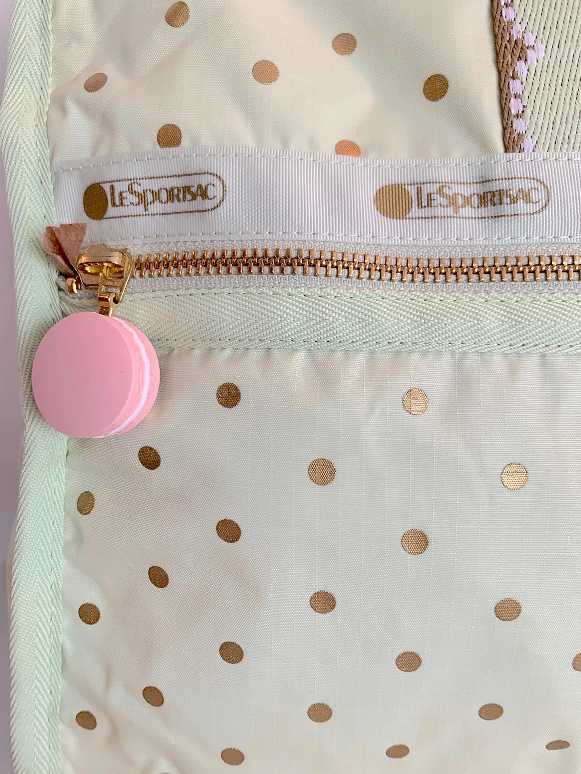 LeSportsac Les Secrets Laduree Pois Pistache Large Weekender Crossbody Bag   Cosmetic Bag, Style 7185/Color G612, Macaron Zipper Pull (Metallic Iridescent Gold Speckles)