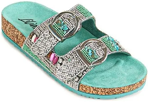Liliana Women's Monecca-1 Rhinestone Beaded Accents Double Strap & Buckle Footbed Slip On Slides Sandals