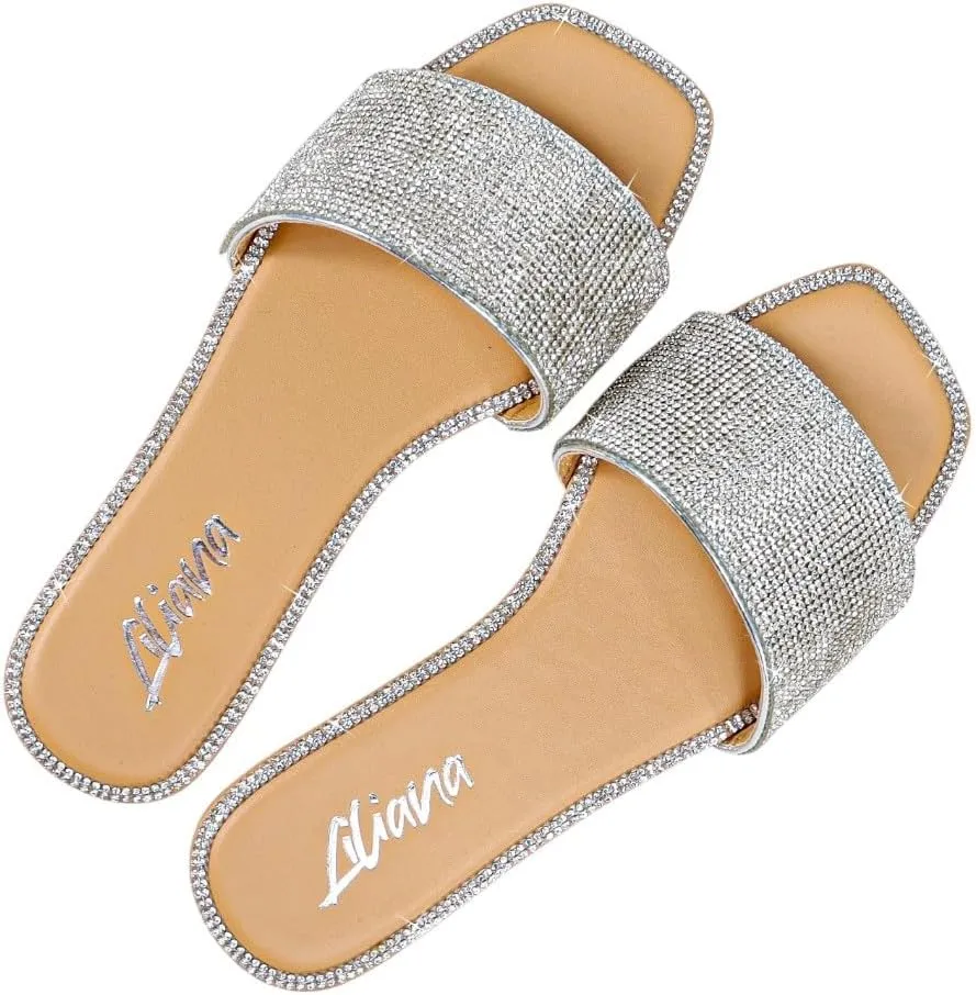 Liliana Womens Rhinestone Flat Sandals Slip On Slide sandals